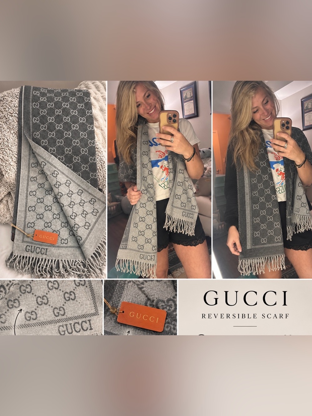 Gucci Gray Reversible GG Logo Wool Scarf